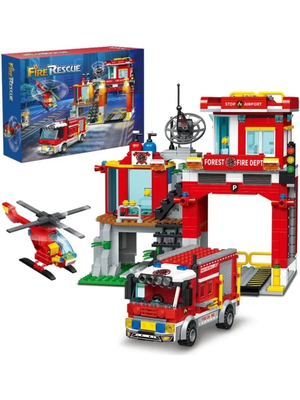 Fire Rescue Building Set with Fire Station, Truck & Helicopter - 772pcs Toy for